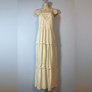 ASOS size 6 soft flowy pom pom tiered Elegant Cream Maxi Dress adjustable strap